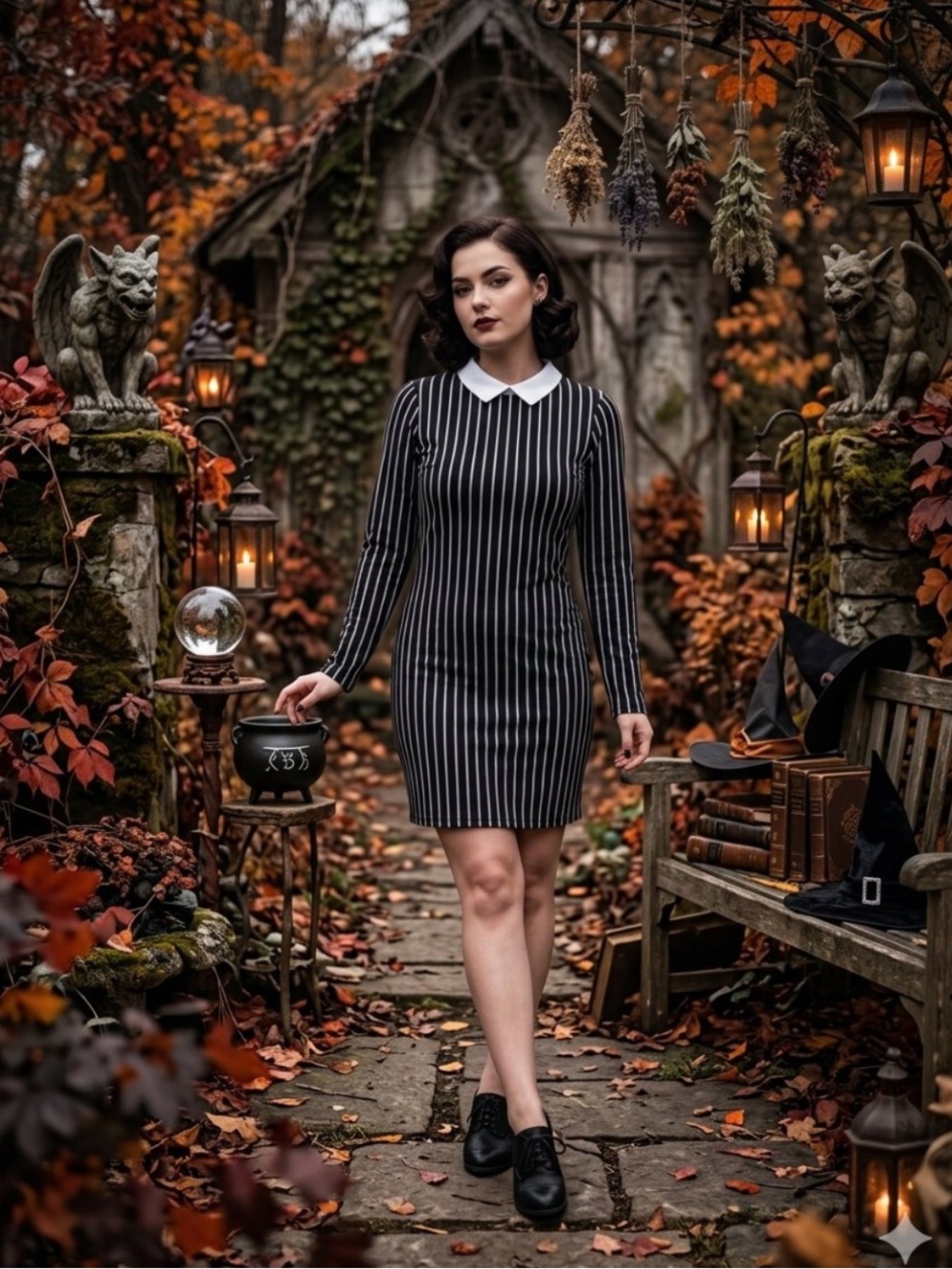 Revamped
Black White Pinstripe Collared Dress M
Wednesday Addams Goth
